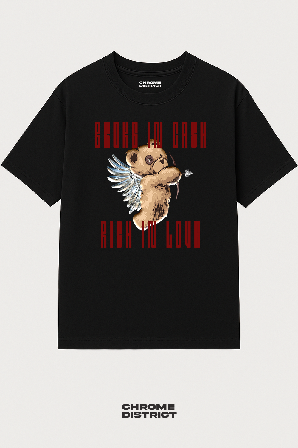 Broke in Cash, Rich in Love – Cupid Teddy Bear Graphic Tee – Oversized Heavyweight Cotton Red Streetwear T-Shirt