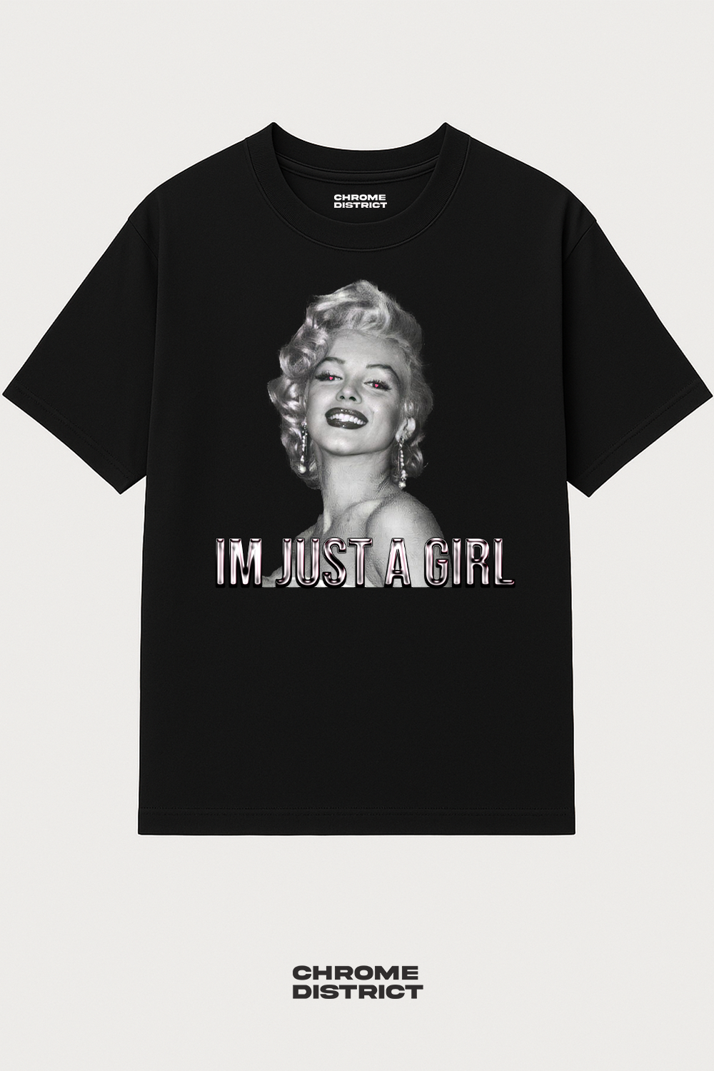 Just a Girl Hot-Pink Chrome Lettering Graphic Tee – Oversized Heavyweight Cotton Streetwear T-Shirt