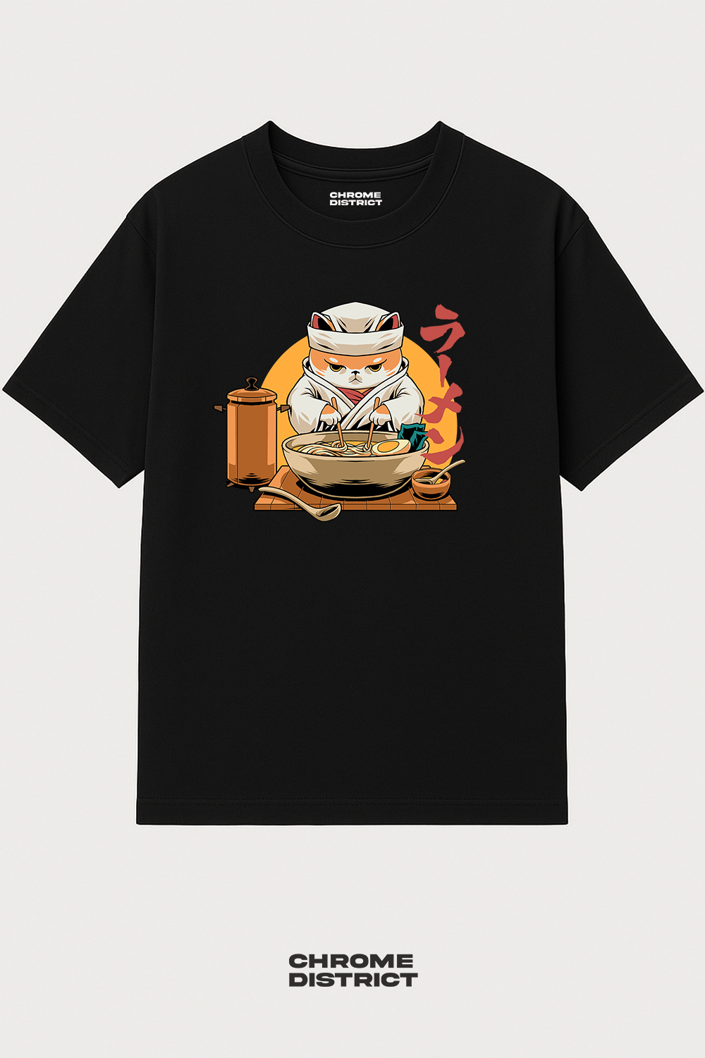 Cat Ramen Chef Graphic Tee – Oversized Heavyweight Cotton Japanese Streetwear T-Shirt