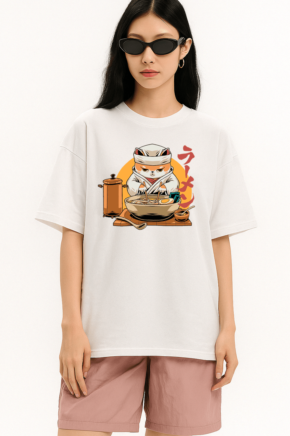Cat Ramen Chef Graphic Tee – Oversized Heavyweight Cotton Japanese Streetwear T-Shirt