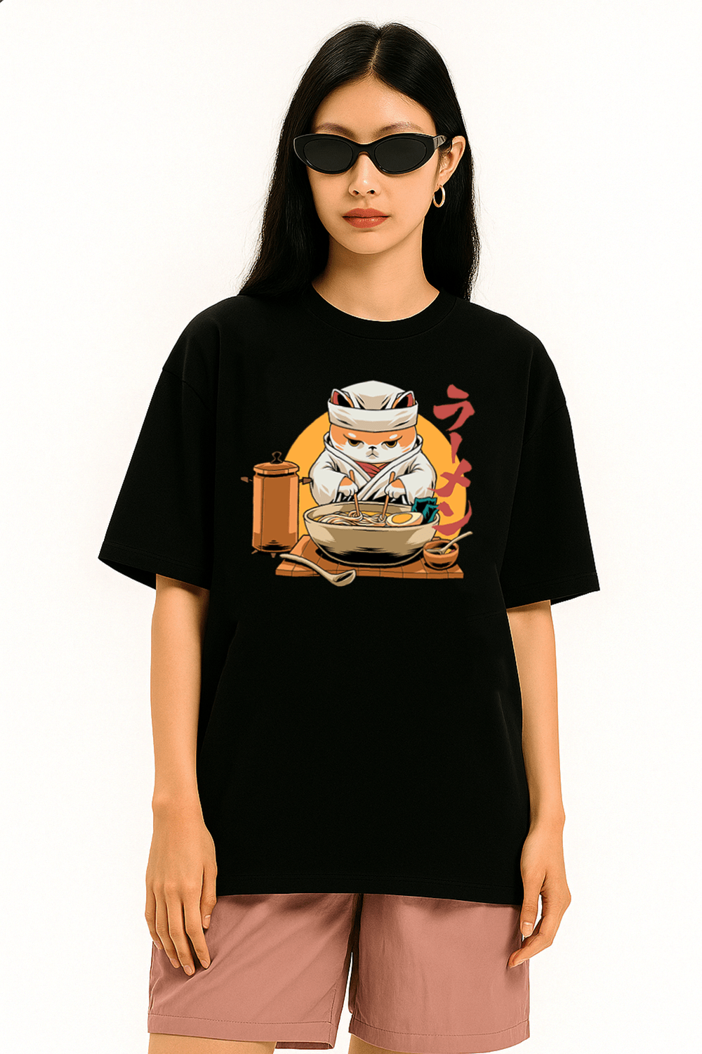 Cat Ramen Chef Graphic Tee – Oversized Heavyweight Cotton Japanese Streetwear T-Shirt