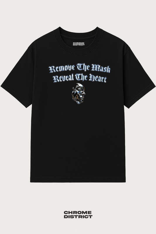 Chrome Mask – Remove the Mask, Remove the Heart Graphic Tee – Oversized Heavyweight Cotton Streetwear T-Shirt