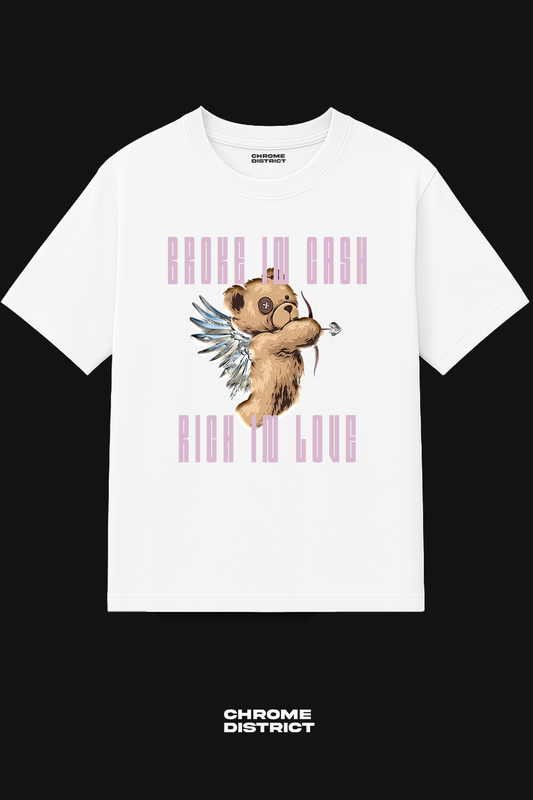 Broke in Cash, Rich in Love – Cupid Teddy Bear Graphic Tee – Oversized Heavyweight Cotton Pink Streetwear T-Shirt