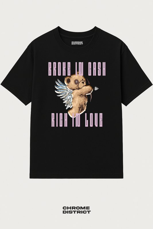 Broke in Cash, Rich in Love – Cupid Teddy Bear Graphic Tee – Oversized Heavyweight Cotton Pink Streetwear T-Shirt