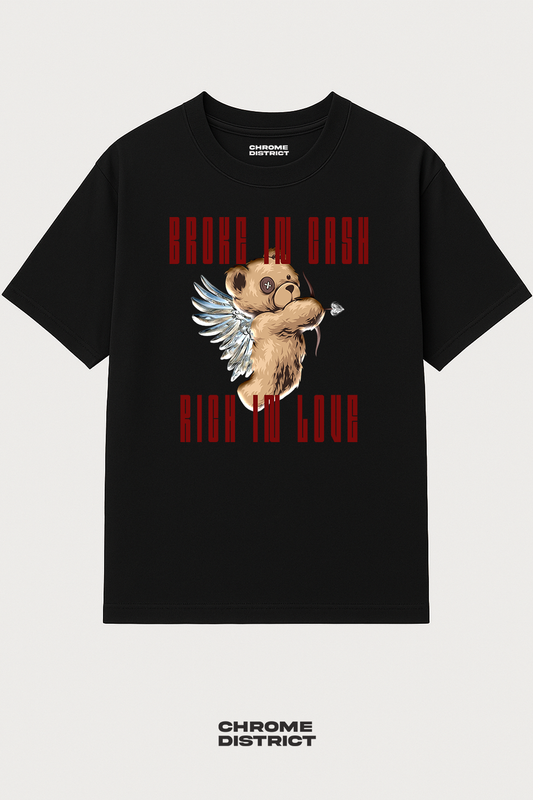 Broke in Cash, Rich in Love – Cupid Teddy Bear Graphic Tee – Oversized Heavyweight Cotton Red Streetwear T-Shirt