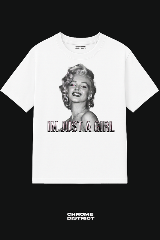 Just a Girl Hot-Pink Chrome Lettering Graphic Tee – Oversized Heavyweight Cotton Streetwear T-Shirt