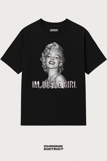 Just a Girl Hot-Pink Chrome Lettering Graphic Tee – Oversized Heavyweight Cotton Streetwear T-Shirt