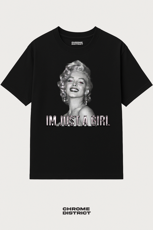 Just a Girl Hot-Pink Chrome Lettering Graphic Tee – Oversized Heavyweight Cotton Streetwear T-Shirt