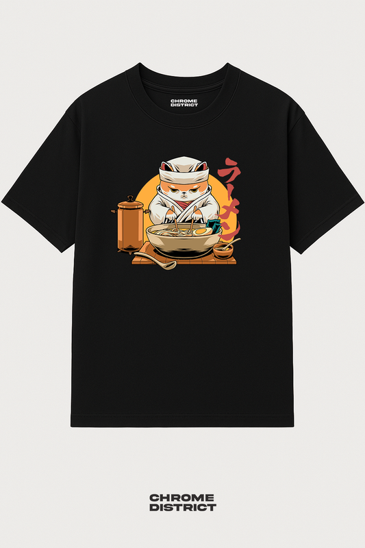 Cat Ramen Chef Graphic Tee – Oversized Heavyweight Cotton Japanese Streetwear T-Shirt