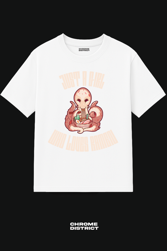 Just a Girl Ramen Octopus Graphic Tee – Oversized Heavyweight Cotton Japanese Streetwear T-Shirt