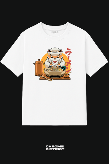 Cat Ramen Chef Graphic Tee – Oversized Heavyweight Cotton Japanese Streetwear T-Shirt