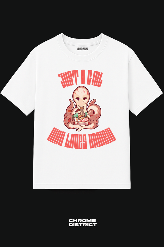 Just a Girl Ramen Octopus Graphic Tee – Oversized Heavyweight Cotton Japanese Streetwear T-Shirt