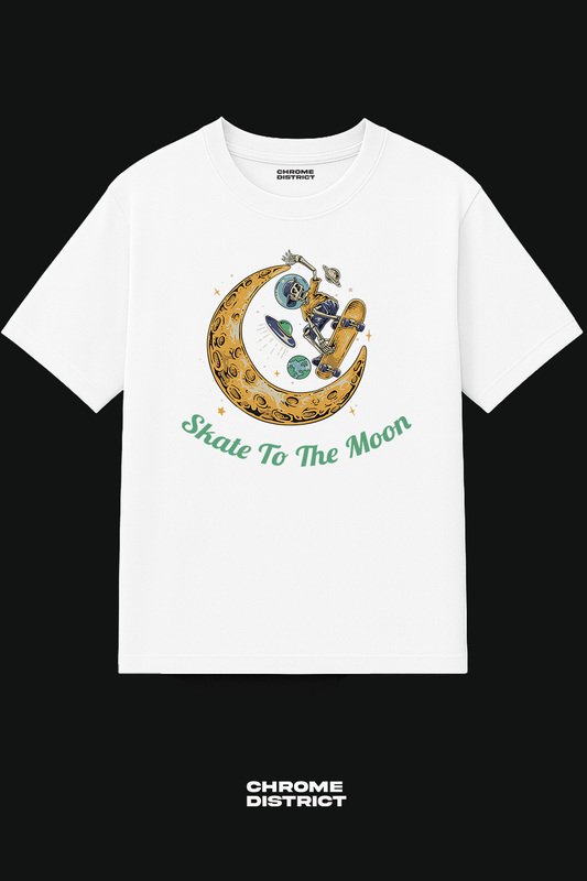 Skate to the Moon Graphic Tee – Oversized Heavyweight Cotton Skateboarding Streetwear T-Shirt
