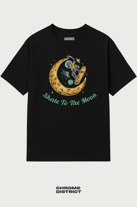Skate to the Moon Graphic Tee – Oversized Heavyweight Cotton Skateboarding Streetwear T-Shirt
