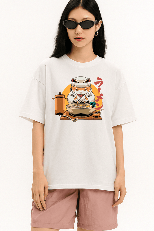 Cat Ramen Chef Graphic Tee – Oversized Heavyweight Cotton Japanese Streetwear T-Shirt