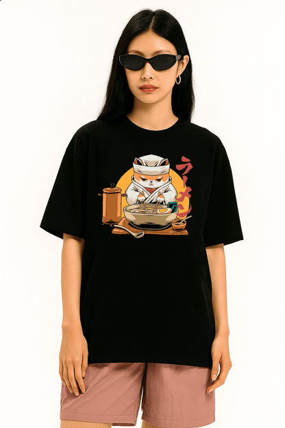 Cat Ramen Chef Graphic Tee – Oversized Heavyweight Cotton Japanese Streetwear T-Shirt